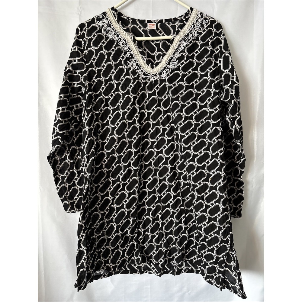 Tropical Escape Women's L Blouse White/ Black Design Bathing‎ Suit cover Shirt